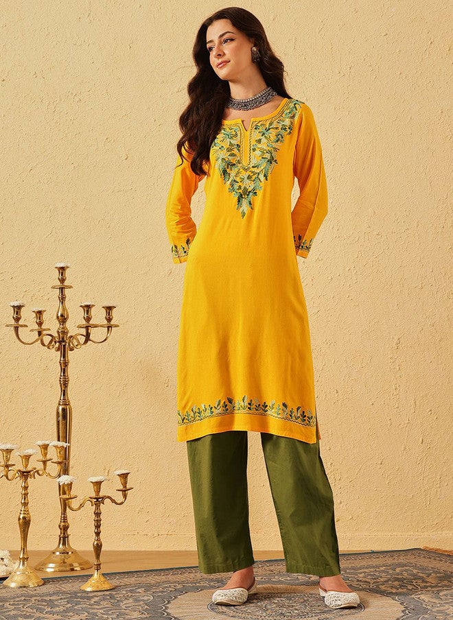 Qazmi Kashmiri Aari Work Viscose Rayon Straight Kurta - Image 1